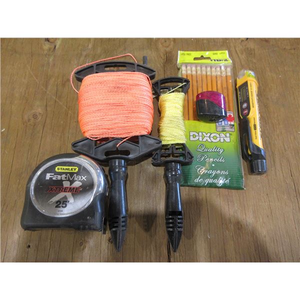 MARKING STRING, PENCILS, STANLEY 25' TAPE MEASURE, KLEIN TOOLS VOLTAGE TESTER
