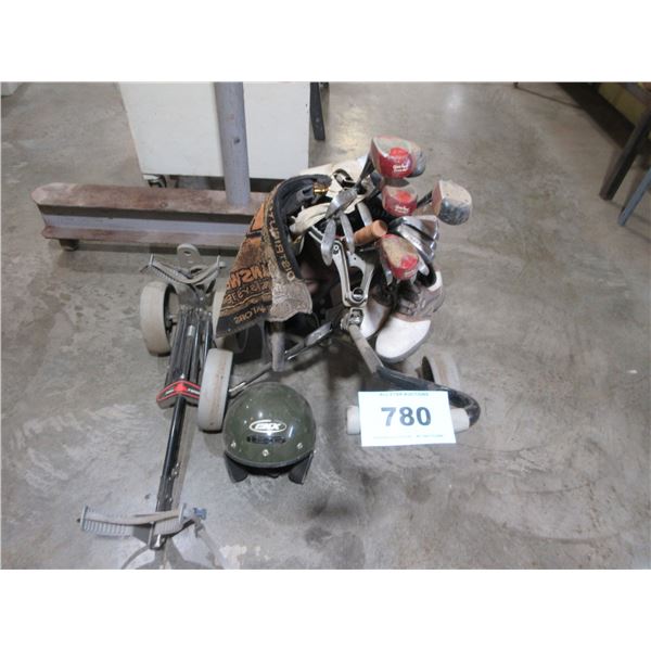 2 GOLF CARTS, GOLF BAG, RIGHT HAND CLUBS, HELMET