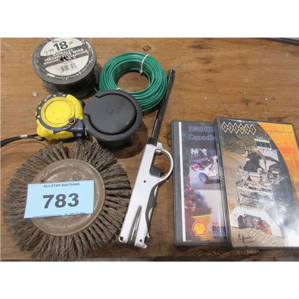 18 GA MECHANIC'S WIRE, 16' TAPE MEASURE, WIRE WHEEL, LIGHTER, 2 DVD'S