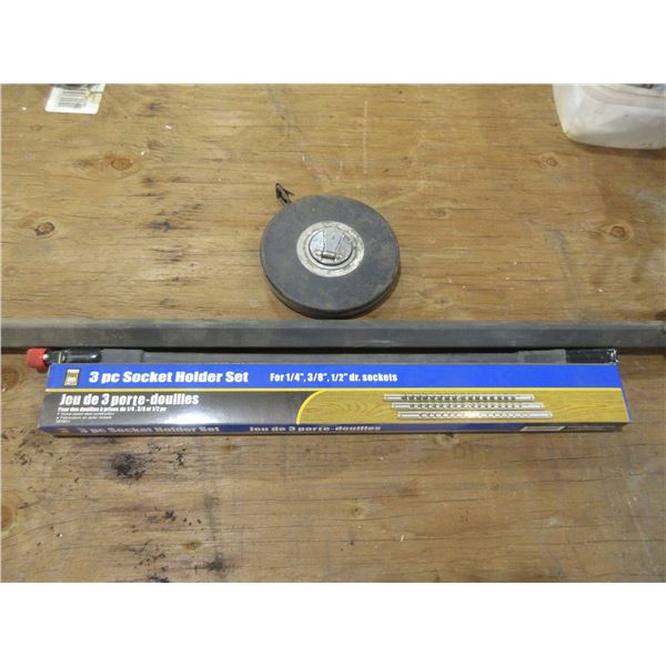 TAPE MEASURE, 3 PIECE SOCKET HOLDER, 1/2" FLEX BAR, ETC