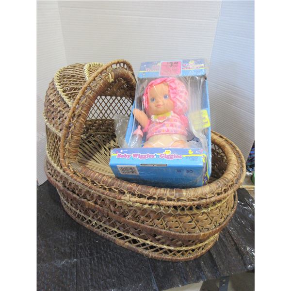 WICKER DOLL BASSINETTE & BABY WIGGLES 'N GIGGLES IN ORIGINAL BOX
