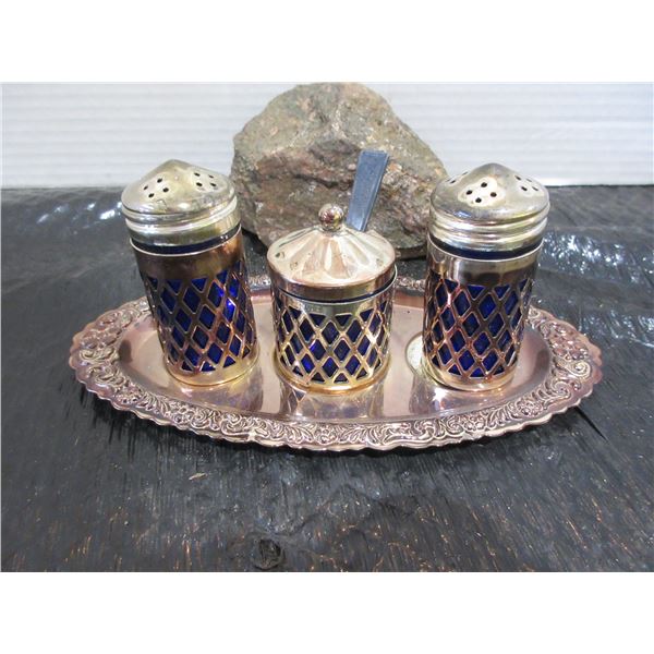 COBALT BLUE & EP CONDIMENT SET (SALT & PEPPER, TRAY & SALT JAR)