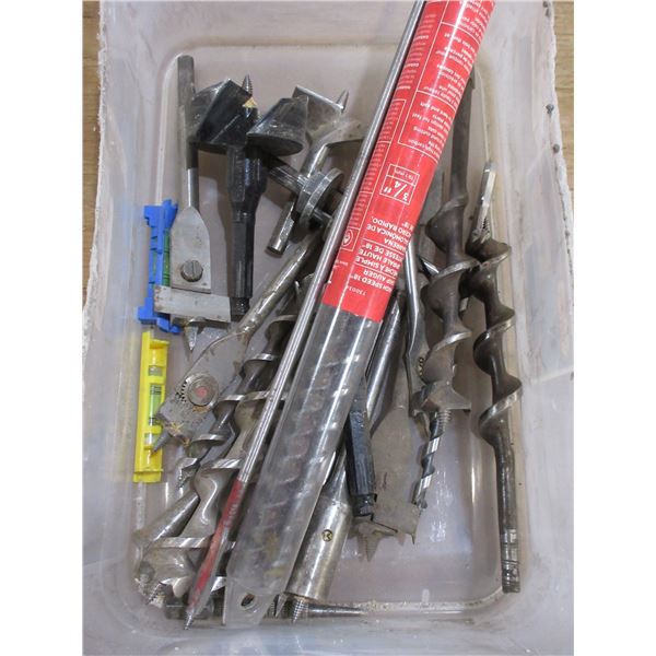 BIN C/W DRILL BITS, LEVELS, CALIPERS, ETC