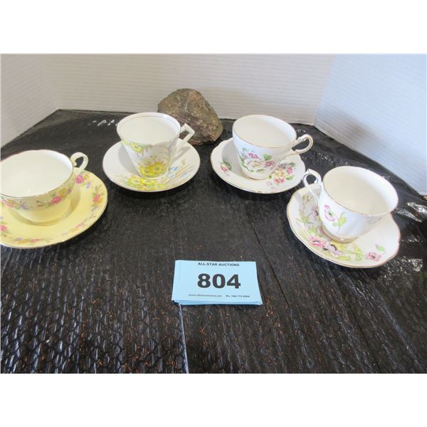 4 CUPS & SAUCERS (REGENCY, AYNSLEY, ROYAL ALBERT GLORIA, ROYAL YORK)