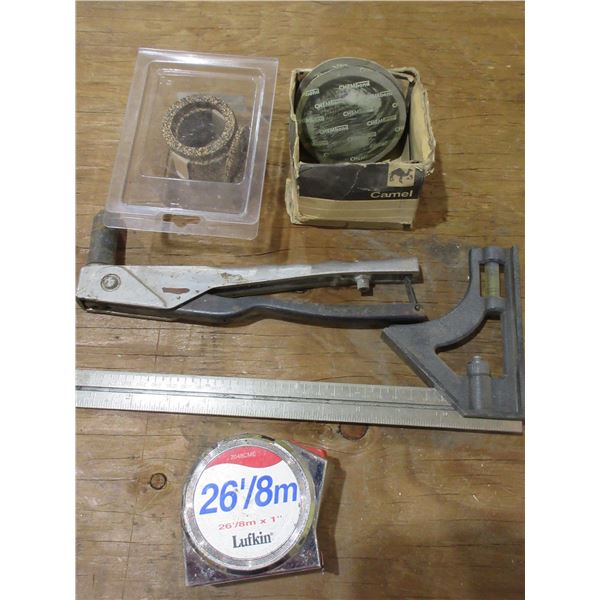 BUNDLE C/W SQUARE, 26' LUFKIN TAPE MEASURE, VALVE CAPS, ETC