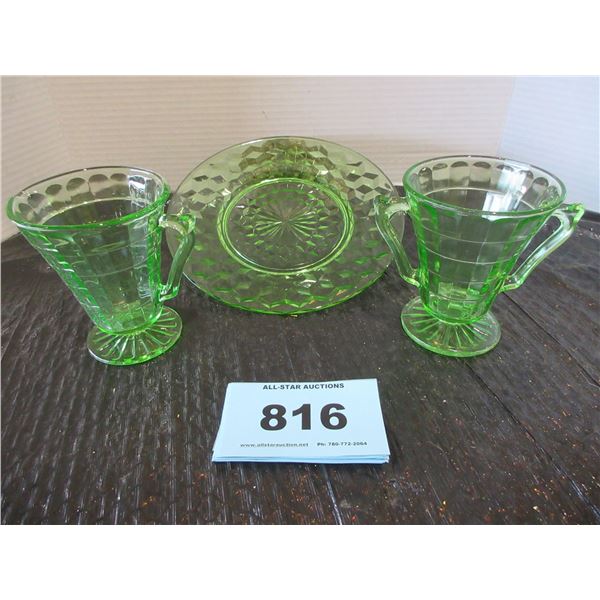 COLLECTABLE:  DEPRESSION GLASS STYLE CREAM & SUGAR & PLATE SET