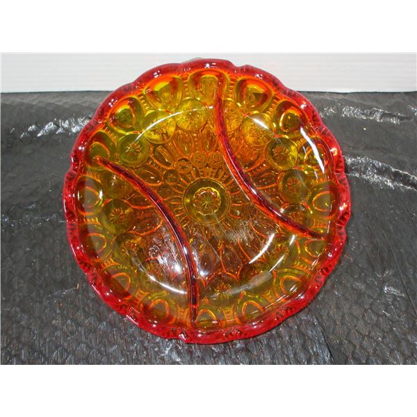 VINTAGE:  8" RED & ORANGE GLASS SECTIONED DISH