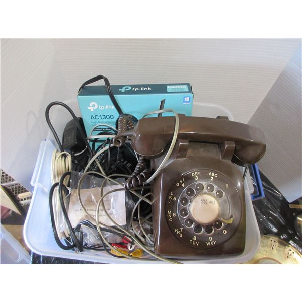 BIN C/W PHONE & ASSORTED CORDS (PHONE, CABLE, USB, ETC)