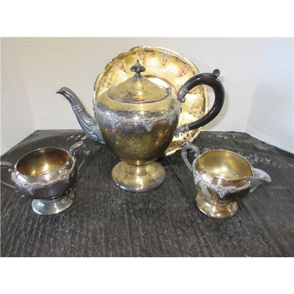 OLD ENGLISH COPPER TEAPOT, CREAM & SUGAR & TRAY