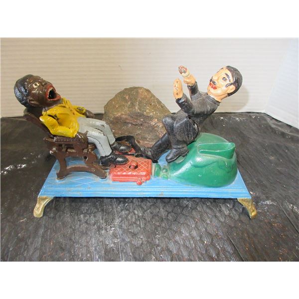 COLLECTABLE:  CAST IRON BANK (2 MEN) (APPROX. 9"L X 3"W X 5"H)