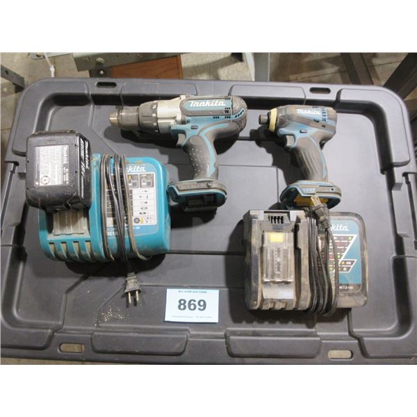 MAKITA 18V IMPACT & DRILL, 1 BATTERY, 2 CHARGERS (WORKING)