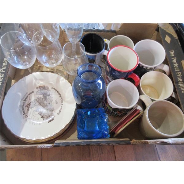 BOX C/W MUGS, PLATES, WINE GLASSES, ETC