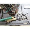 Image 2 : TIN C/W GARDEN TOOLS, FENCING PLIERS, STAPLES, ETC