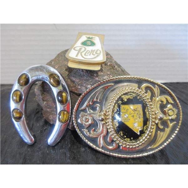 2 BELT BUCKLES & 1 RENO MONEY CLIP