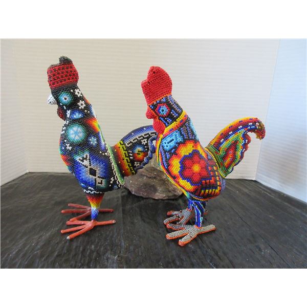 2 - WAX BEADED ROOSTERS (APPROX. 9"H)