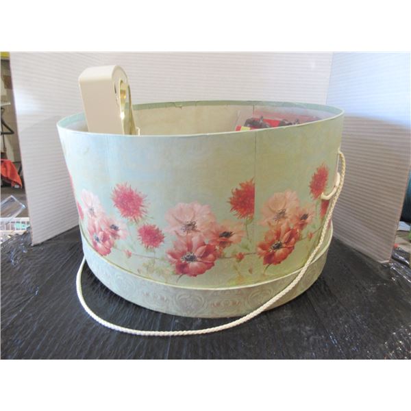 HAT BOX & LID C/W BOUQUET, MAKE-UP MIRROR, CANDLE HOLDERS, ETC