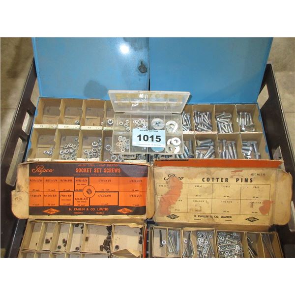 5 BINS C/W FINE THREAD NUTS & BOLTS, SET SCREWS, STOVE BOLTS