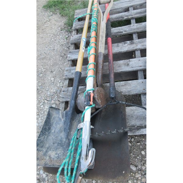5 UTILITY TOOLS (SCOOP SHOVEL, POST MALL, RAKE, PRUNER)