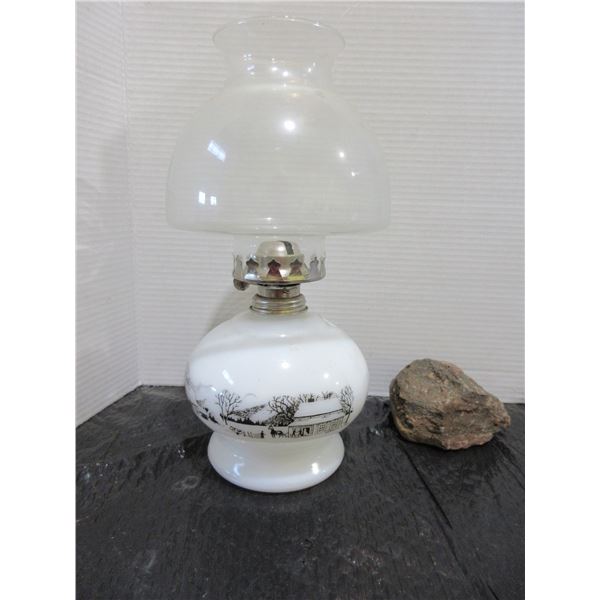 COLLECTABLE:  MILK GLASS BASE OIL LAMP & CHIMNEY (APPROX. 14"H)