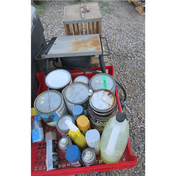 TOTE C/W ASSORTED PAINT, PROPANE HOT PLATE & BIRD CAGE