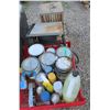 Image 1 : TOTE C/W ASSORTED PAINT, PROPANE HOT PLATE & BIRD CAGE