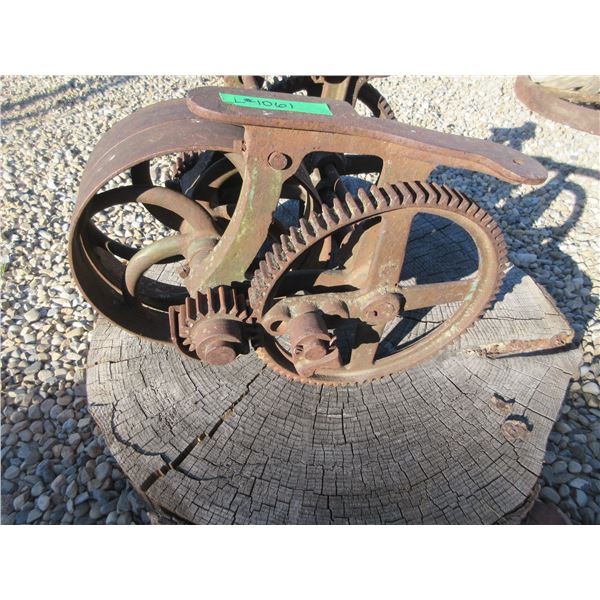 VINTAGE:  WINDMILL GEAR DRIVE & WOOD SLAB