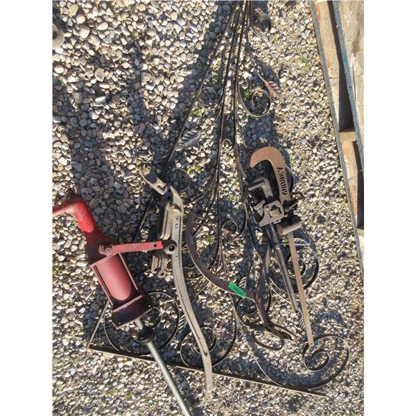 VINTAGE FUEL PUMP, WATER PUMP HANDLE, PIPE WRENCH, ICE TONGS, BEAM SCALE, PROCH DECORE