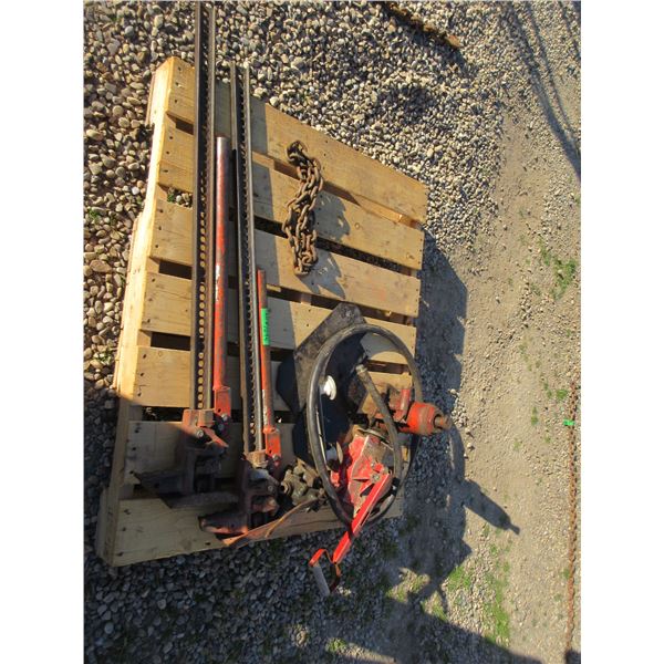2 JACKALLS, HAND FUEL PUMP & APPROX. 10 TON HYDRAULIC JACK, ETC