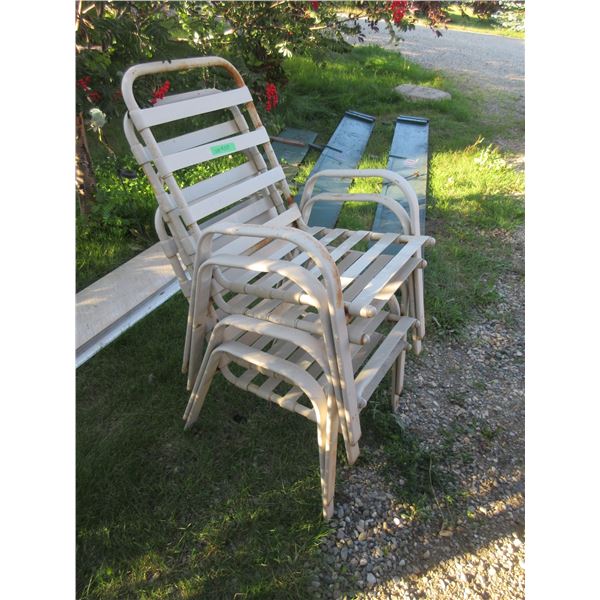 4 METAL BAND LAWN CHAIRS (NO CUSHIONS)