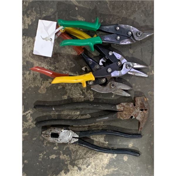 5 PAIR TIN SNIPS, FENCING PLIERS, ETC
