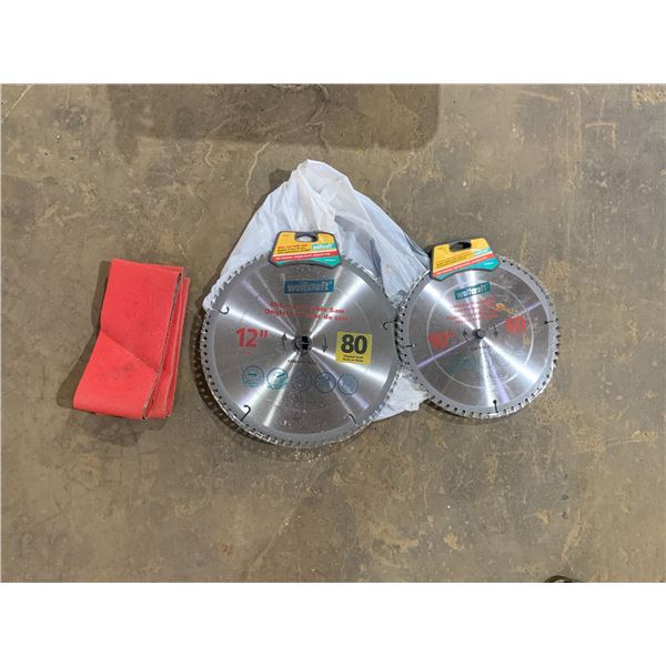 2 SANDING BELTS; 12" MITRE/TABLE SAW BLADE; 10" MASTERCRAFT BLADE