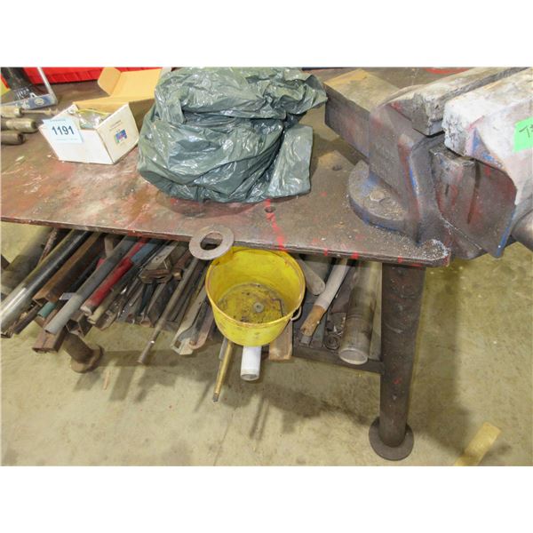 WELDING TABLE (APPROX. 58"L X 48"W X 37"H); 2 - 6" BENCH VISES & ASSORTED STEEL