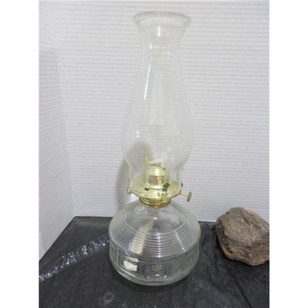 COLLECTABLE:  OIL LAMP (SQUARE PATTERN ON BASE) C/W CHIMNEY (APPROX. 14"H)