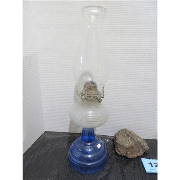 COLLECTABLE:  BLUE BASE WITH HONEYCOMB PATTERN LAMP & CHIMNEY (APPROX. 17"H)