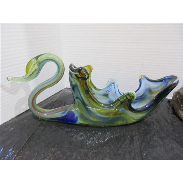 SWAN ART GLASS DISH (APPROX. 13"L X 5"H)