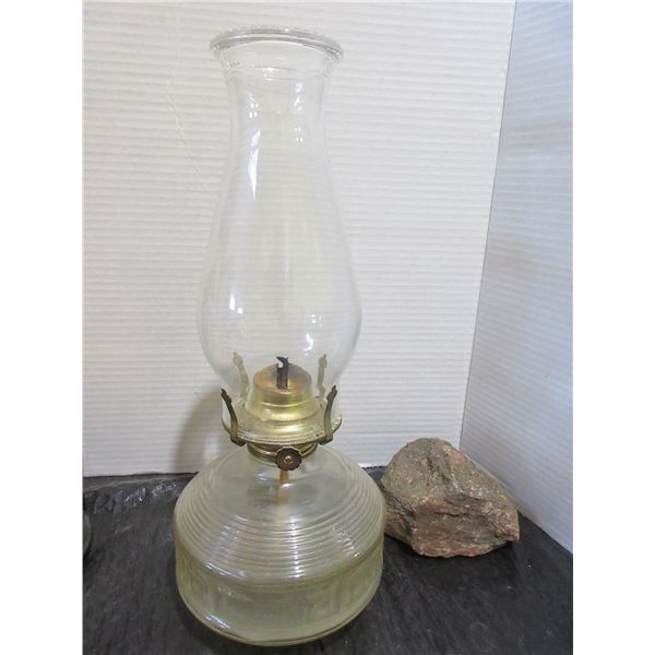 COLLECTABLE:  OIL LAMP (SQUARE PATTERN ON BASE) C/W CHIMNEY (APPROX. 14"H)