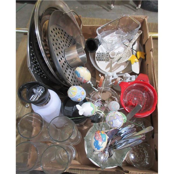 BOX C/W KITCHENWARE (BEER GLASSES, UTENSILS, MEASURING CUPS, ETC)