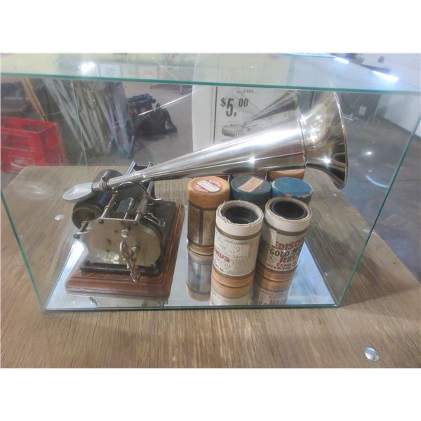 ANTIQUE:  GRAPHOPHONE IN GLASS CASE C/W CYLINDERS