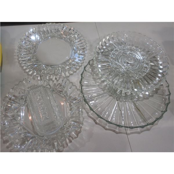 4 GLASS SERVING DISHES & COVERED BUTTER DISH