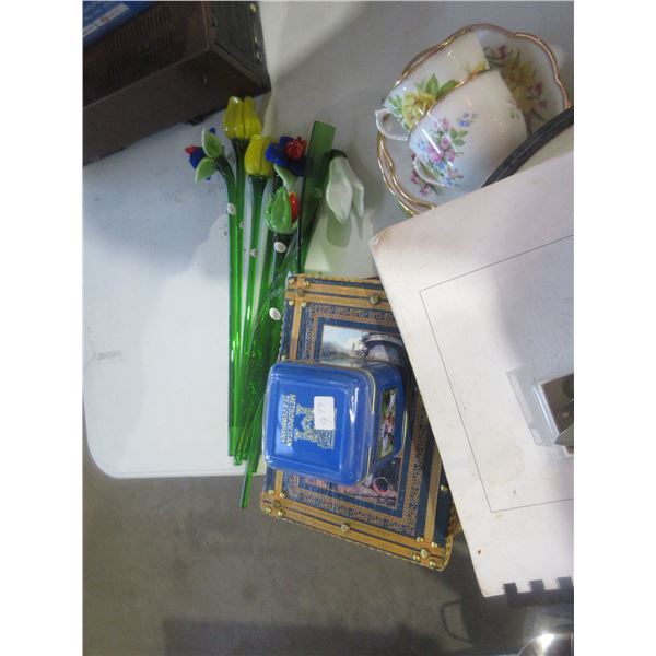 BOX C/W GLASS FLOWERS, CUPS & SAUCERS, TINS, TEA, GARDEN ORNAMENTS, ETC