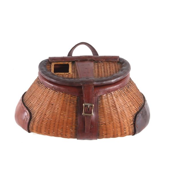 Early Turtle Leather & Bamboo Weave Fishing Creel