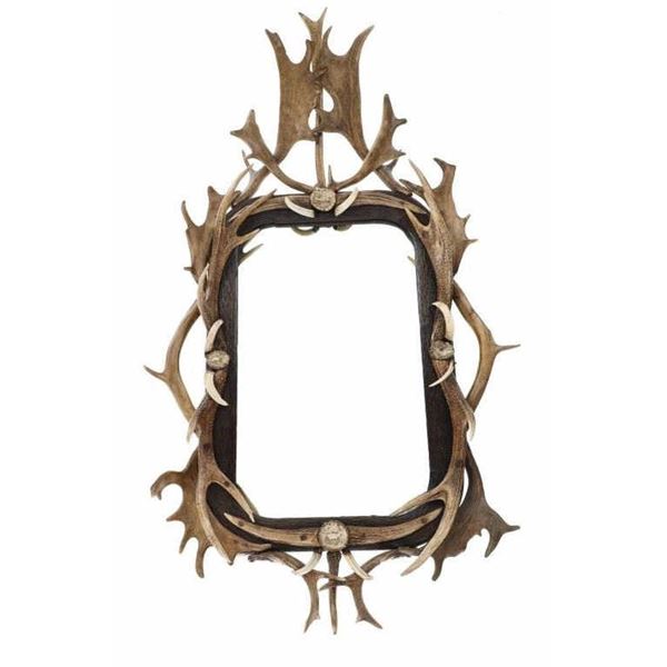 C. 1800's Black Forest Carved Burl & Antler Mirror