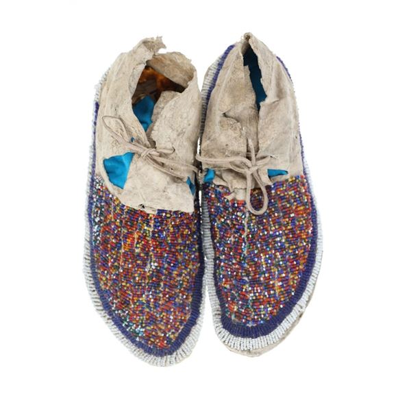 19th-Cent. Sioux Beaded Hard Sole Men's Moccasins