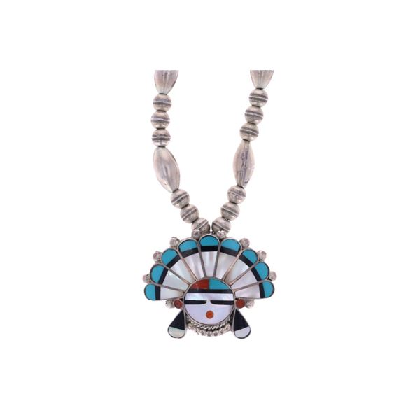 Vintage Zuni Silver Inlay SunFace Pendant Necklace