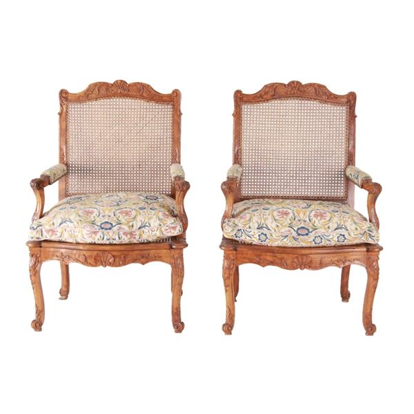 Louis XV Provincial Caned Fauteuil Arm Chairs