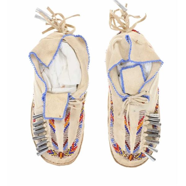 Ca. 1940's Kiowa Beaded Hide Hard Sole Moccasins