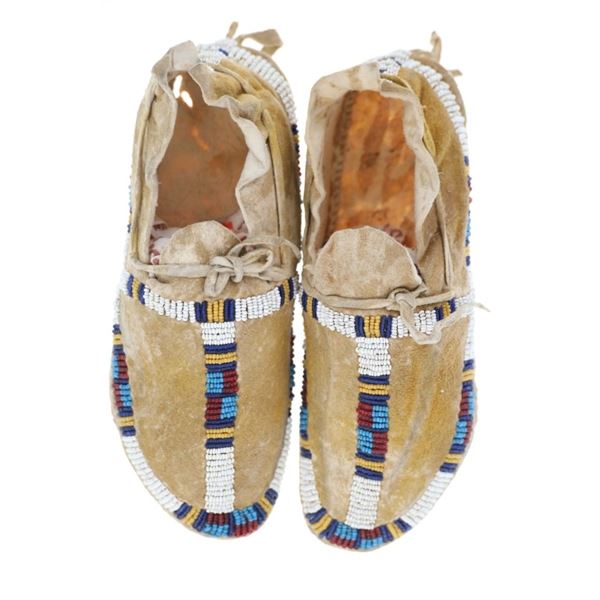 1890- Assiniboine Beaded Hide Hard Sole Moccasins