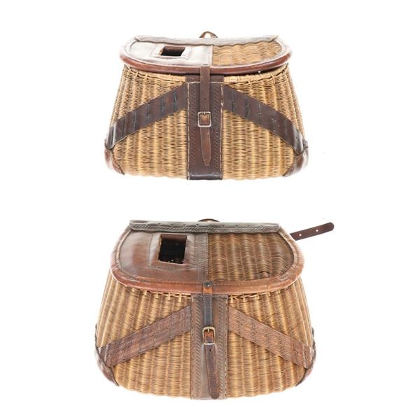 Antique Split Willow & Leather Fishing Creels (2)