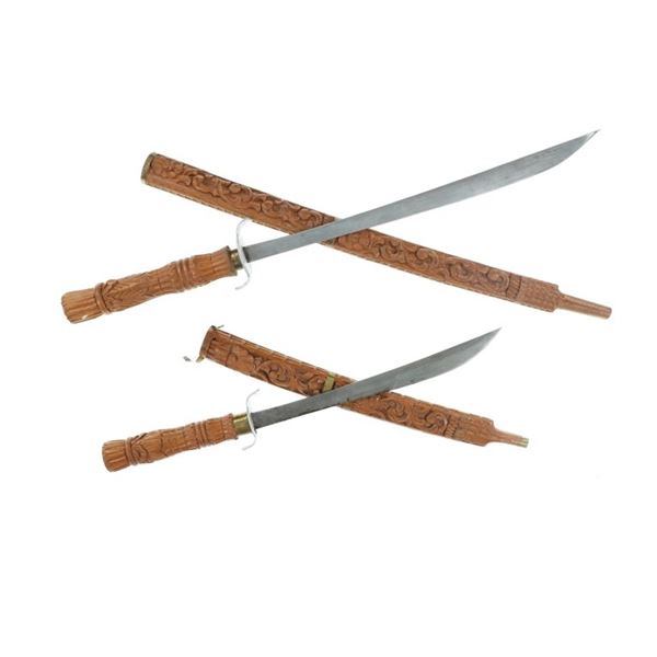 Thai Dha Wood Carved Sheath Curved Sword Pair