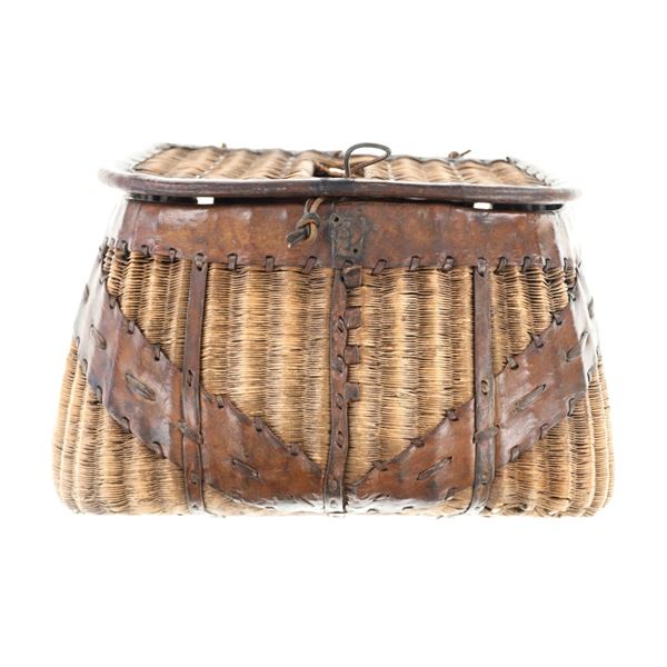 Split Willow & Leather Fishing Creel Early 20th C